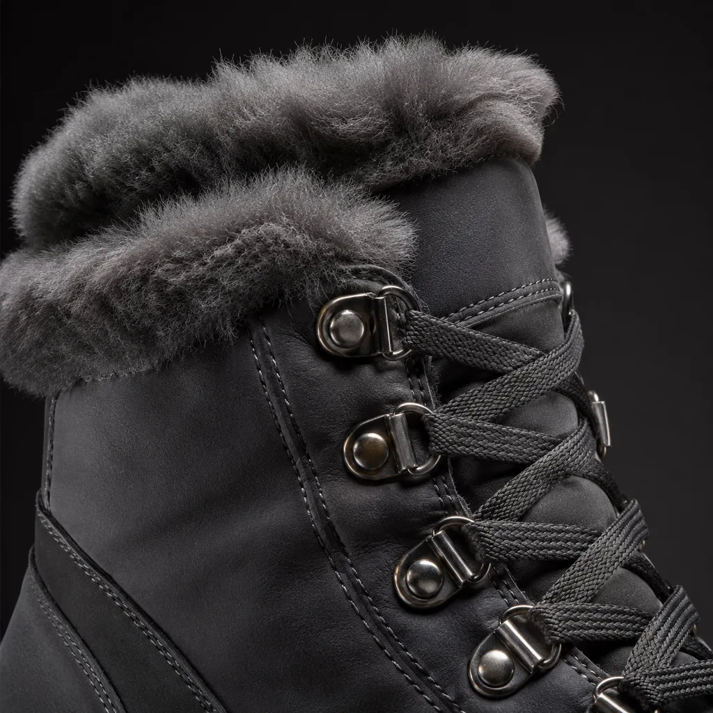 Close detail of winter boot materials and construction